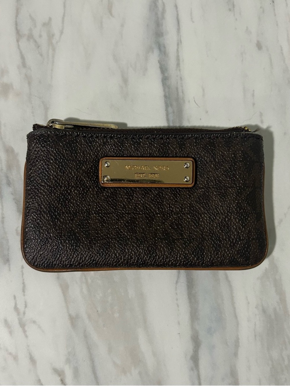 Michael Kors Dark Brown Logo Zip Card Case with Gold Plate